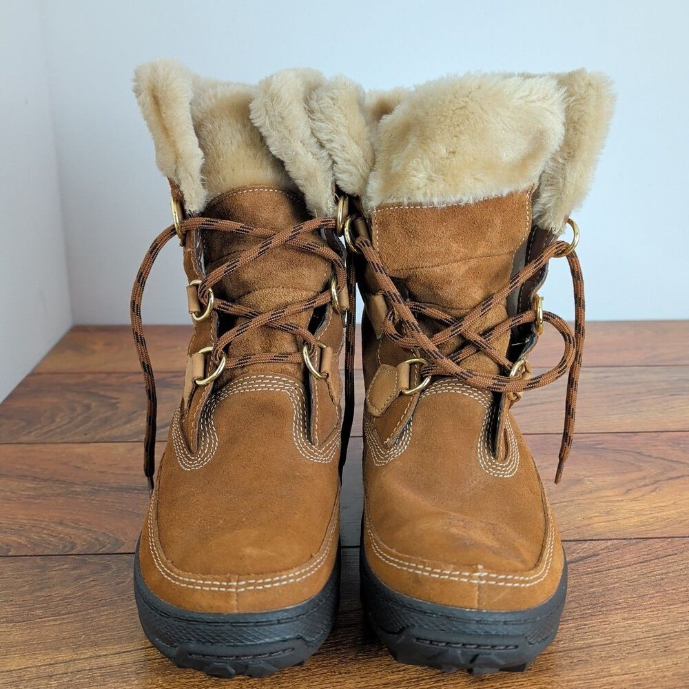 Timberland Suede Lace Up Brown Faux Fur Trim Boots Women's Size 9M - Picture 2 of 10